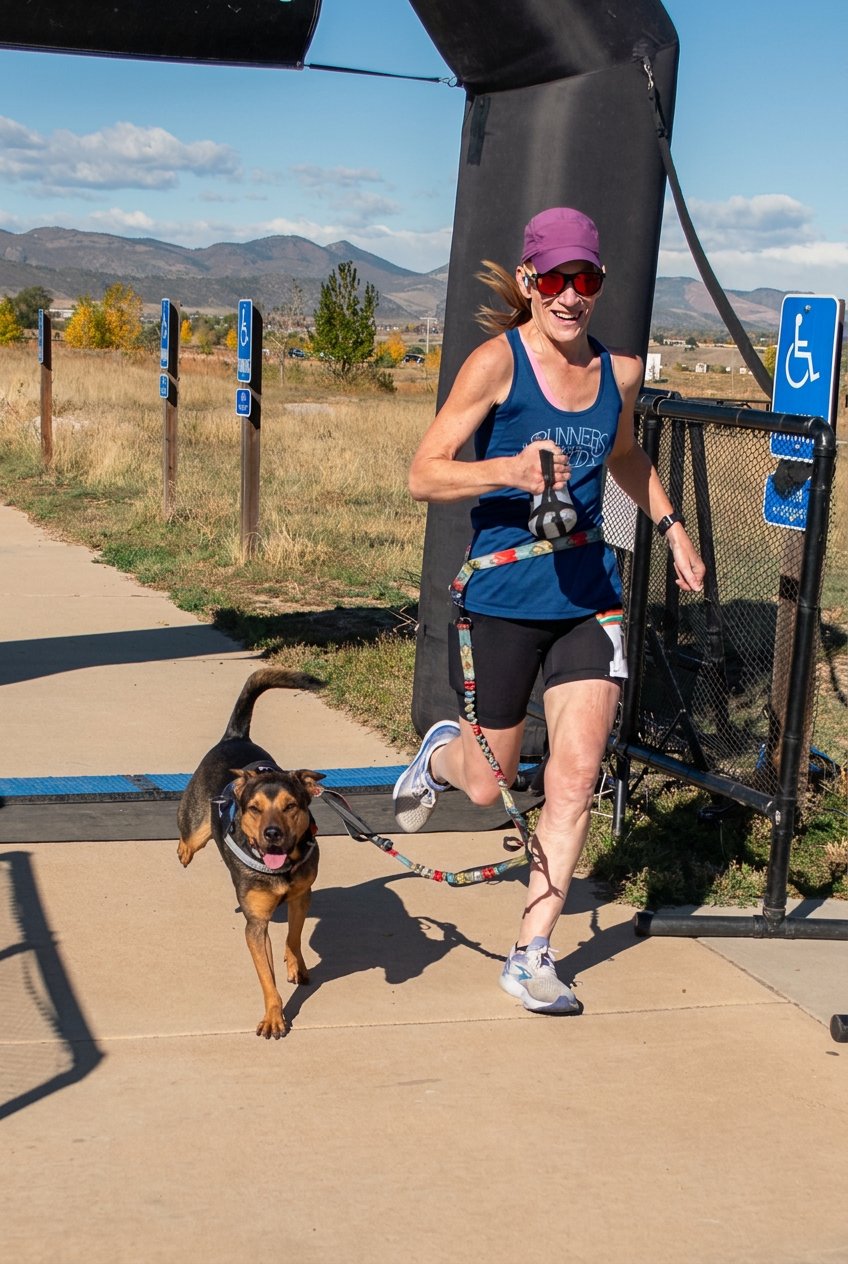 Amanda and Summit crossing a race finish line together