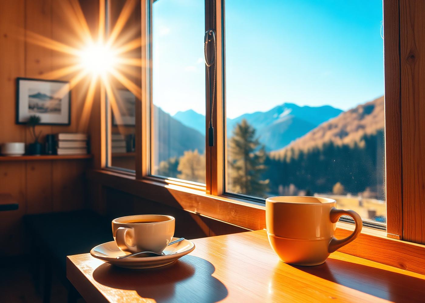 Coffee mug at a sunlit window overlooking mountains