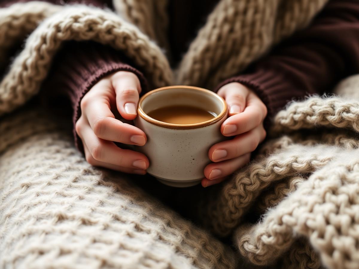 Hands holding a warm mug wrapped in a wool blanket